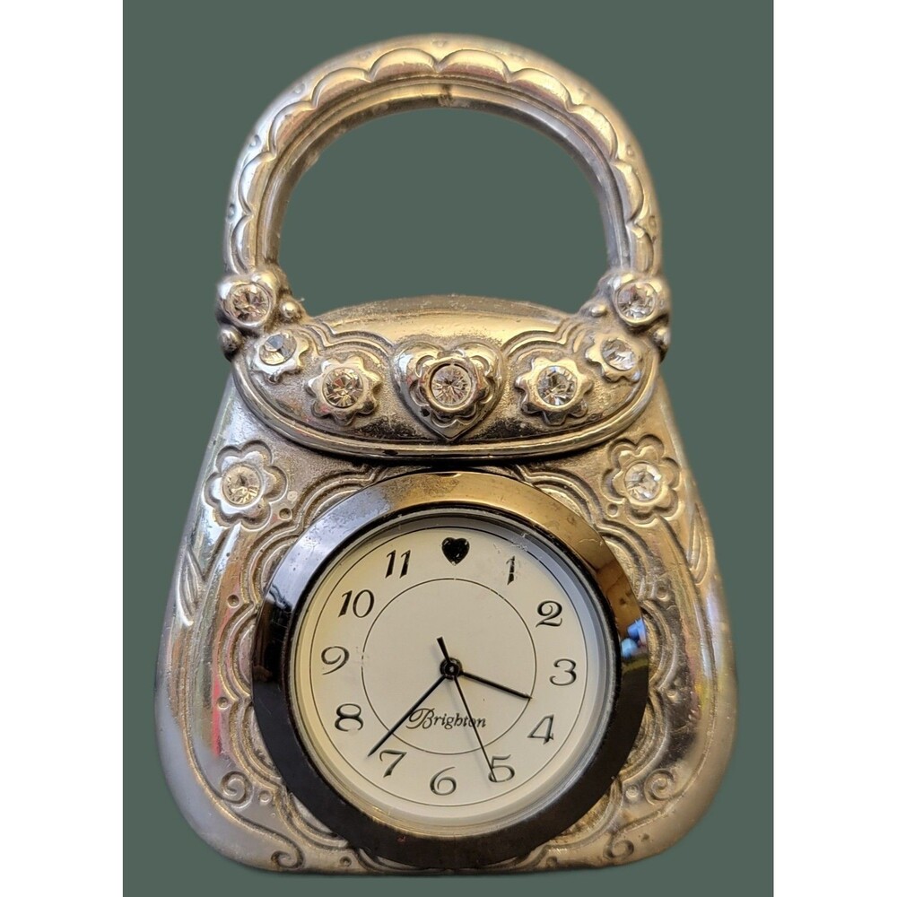 VTG Brighton Silver Tone Crystal Embellished Charm Purse Desk Clock Collectible